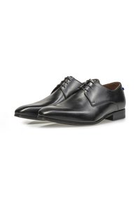 Scarpe eleganti in pelle nera con punta affilata, design con quattro occhielli e lacci, e una superficie liscia. Presenta un tacco basso impilato e uno stile minimalista.