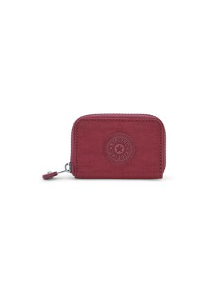Red wallet made of textured fabric, with a rounded shape and zip closure. Features embossed logo and a pull tab for easy access.