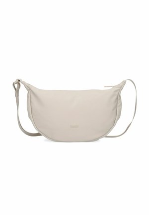 Beige Halbmond-Umhängetasche mit verstellbarem Riemen und dezentem, auf der Vorderseite eingeprägten Logo, entworfen für den täglichen Gebrauch und den lässigen Alltag.