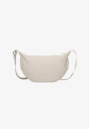 Beige half-moon crossbody bag with adjustable strap and subtle logo embossed on front, designed for everyday use and casual wear.