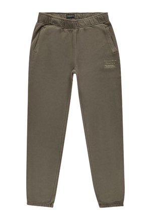 Fitted joggings in olijfgroen katoenmix, met een elastische tailleband en zijzakken, voorzien van het "CreateNew Stories" logo op de voorkant.