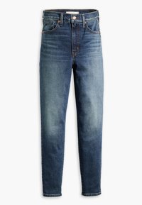 Jean bleu taille haute slim avec bouton et fermeture éclair à l'avant, poches avant et arrière, et légère décoloration aux cuisses et aux genoux.