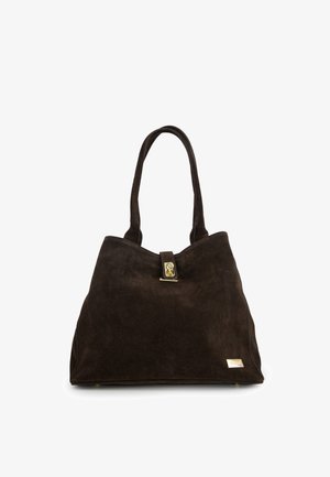 Brown suede shoulder bag with a triangular shape, gold hardware accent, and a top closure. Smooth texture with durable straps.