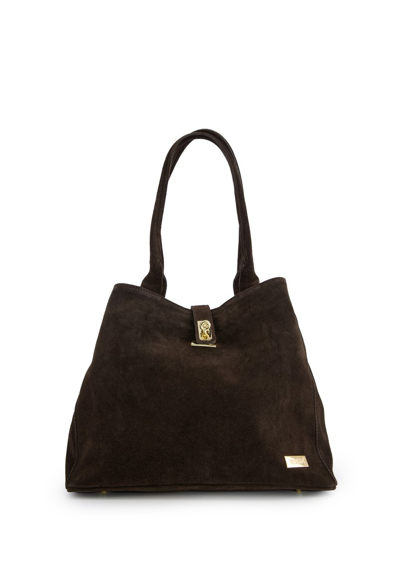 Brown suede shoulder bag with a triangular shape, gold hardware accent, and a top closure. Smooth texture with durable straps.