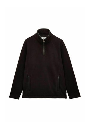 Quarter-zip sort fleece-pullover med sidelommer og syntetiske læderdetaljer. Blød tekstur og afslappet pasform, designet til komfort.