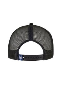 Black mesh snapback cap with a solid black brim, nylon back, and a blue patch featuring white branding on the adjuster strap.