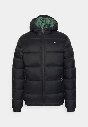Zwarte pufferjack met een ritssluiting aan de voorkant, een capuchon en elastische manchetten. Heeft een gestikte ontwerp en een groene binnenvoering.