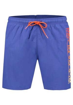 Pantaloni da bagno blu con vita elastica e cordoncino arancione. Presentano un logo arancione sul lato e una texture liscia e leggera.