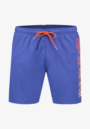 Pantaloni da bagno blu con vita elastica e cordoncino arancione. Presentano un logo arancione sul lato e una texture liscia e leggera.