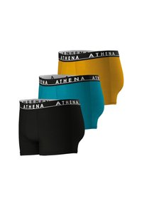 Trois paires de boxers pour hommes en noir, teal et jaune. Chacune présente une ceinture blanche avec la marque "ATHENA". Texture de tissu lisse.