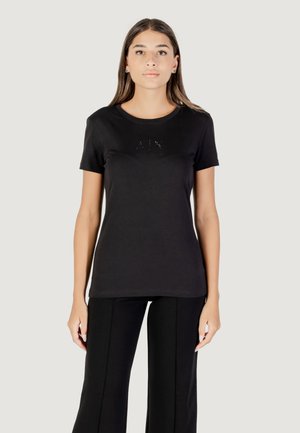 T-shirt nera a maniche corte in tessuto morbido, con un design del logo discreto impreziosito da piccole strass sul davanti.