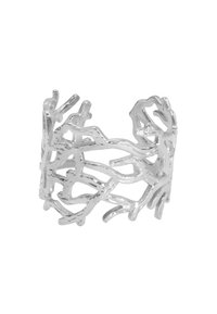 Srebrna pierścionek z wyglądem rozgałęziającego się korala, z otwartymi sekcjami, teksturowaną powierzchnią i gładkimi krawędziami.