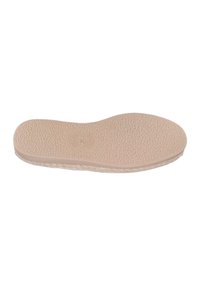 Plantilla beige con una superficie texturizada, forma ligeramente contorneada y borde suave, diseñada para ofrecer comodidad y soporte en el calzado.