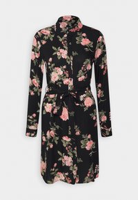 Abito nero floreale con maniche lunghe, chiusura a bottoni frontale, colletto e cintura da annodare. Presenta fantasie floreali rosa e verdi su tutta la superficie.