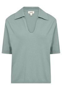 Lyhythihainen, pehmeä neulospaita hillityssä sinivihreässä sävyssä, jossa on V-aukko ja teräväkaulus, rento istuvuus ja resorireuna.