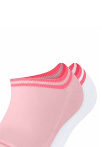 Rosa und weiße Knöchelsocken mit geripptem Design, kontrastierendem pinken Absatz und Zehen sowie zwei pinken Streifen am Bund. Weiches, dehnbares Material.