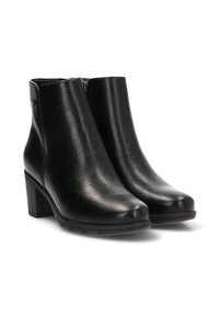 Botas de cuero negro hasta el tobillo con un acabado suave, tacón cuadrado y cremallera lateral; punta redondeada y suela de goma texturizada para agarre.