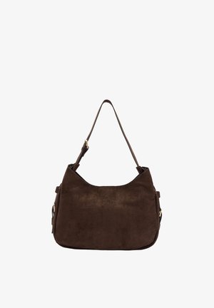 Ciemnobrązowa torba na ramię ze skóry zamszowej z pojedynczym regulowanym paskiem oraz prostokątnym kształtem z zaokrąglonymi krawędziami.