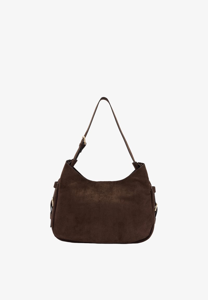 Ciemnobrązowa torba na ramię ze skóry zamszowej z pojedynczym regulowanym paskiem oraz prostokątnym kształtem z zaokrąglonymi krawędziami.