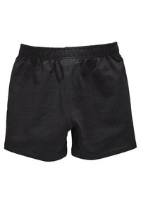 Shorts noirs en coton avec une taille élastique, présentant un design simple et une texture lisse, adaptés pour une tenue décontractée ou pour faire de l'exercice.