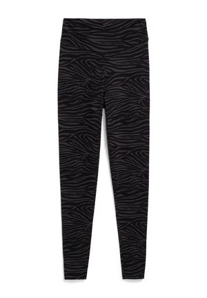 Schwarze und dunkelgraue, hochtaillierte Leggings mit einem Zebramuster, flach auf einem weißen Hintergrund dargestellt.