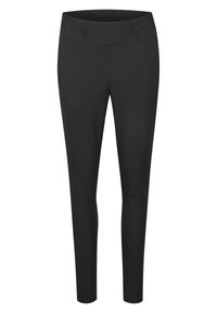 Pantalons noirs avec une texture lisse, coupe ajustée et ceinture élastique. Comprend des poches avant et aucun matériel ou motif visible.