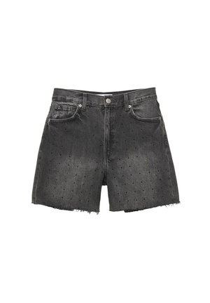 Fekete farmer rövidnadrág, elhasználódott szegéllyel, apró kerek szegecsekkel egyenletesen elhelyezve az anyagon. Klasszikus öt zsebes kivitel.