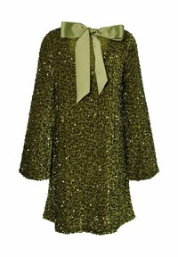 Oluļu zaļš sequined kleita ar brīvu piegriezumu, garām piedurknēm un lentei ap kaklu. Strukturēts audums ar spīgulējošiem akcentiem.