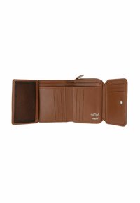 Portefeuille trifold en cuir marron ouvert montrant plusieurs emplacements pour cartes, un compartiment zippé et une pochette à bouton pression.