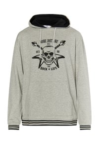 Felpa grigia con cappuccio nero, caratterizzata da una grafica di teschio e chitarre. Include un cordino, tasche laterali e polsini e orlo a righe.