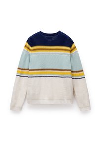 Gebreide trui met een ronde hals, multicolore horizontale strepen in marineblauw, geel, mintgroen en crème, met een gestructureerde afwerking.