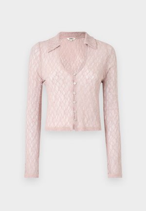 Lys rosa, langermet blonde cardigan med krage og V-hals, med fem knapper foran, teksturert mønster og cropped hem.