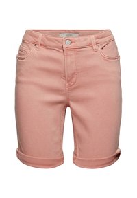 Short en jean rose avec revers roulés, bouton devant, fermeture éclair, et poches devant et derrière.