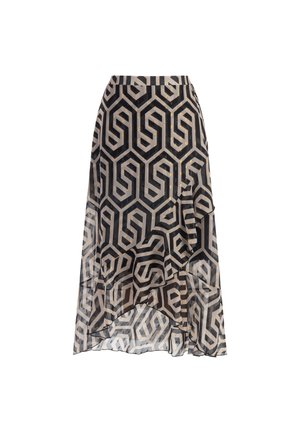 Doorzichtig zwarte rok met een geometrisch patroon in beige en metallic gouden accenten. Vloeiende stijl met gelaagde ruches aan de onderrand.