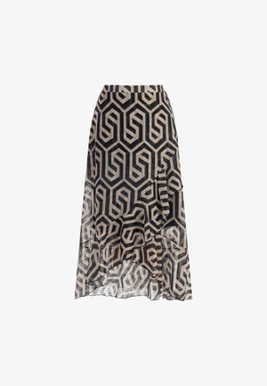 Doorzichtig zwarte rok met een geometrisch patroon in beige en metallic gouden accenten. Vloeiende stijl met gelaagde ruches aan de onderrand.