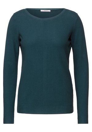 Tealfärgad långärmad tröja med ribbat mönster och rund halsringning, med vertikal ribbdetalj i mitten och enfärgade ärmar.