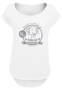 White cotton t-shirt with a rounded neckline and short sleeves. Features a gray graphic of a cow and text about quality products.
