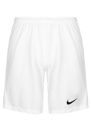 Shorts de sport blancs Nike avec taille élastique et logo Nike Swoosh noir sur la jambe gauche.