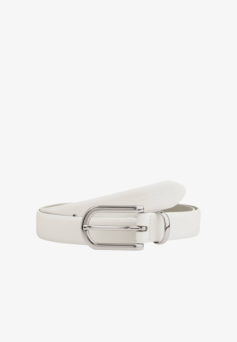 Weiße Leder-Gürtel mit einer silbernen rechteckigen Schnalle, ausgestattet mit einer glatten Textur und einem minimalistischen Design, das klare Kanten und Nähte zeigt.