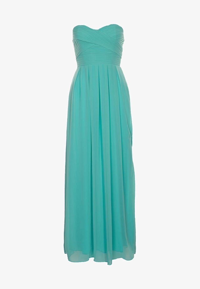 Robe maxi sans bretelles aqua avec corsage plissé et jupe fluide. Fabriquée dans un tissu léger, avec une texture lisse et une légère brillance.