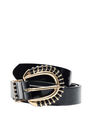 Zwarte leren riem met decoratieve, goudkleurige, ovale gesp met gelijkmatig verdeelde verhogingen rondom de rand.