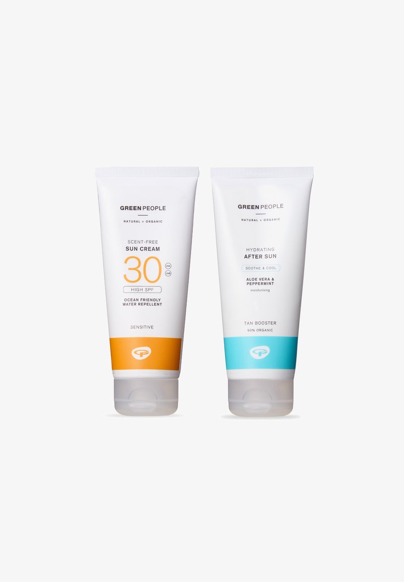 Two tubes of sunscreen: an orange-accented SPF 30 sun cream, and a blue-accented after-sun lotion, both with white labels and flip-top caps.