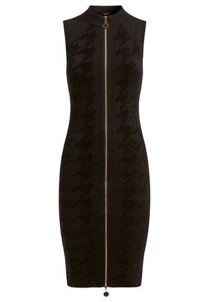 Black sleeveless dress with high neckline, featuring a front zipper and houndstooth pattern texture, gold hardware accent at the zipper pull.