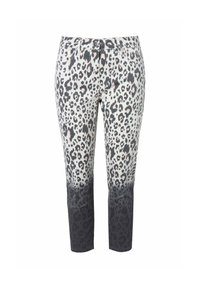 Pantaloni con stampa leopardata che presentano un gradiente dal grigio chiaro al grigio scuro. Caratteristiche includono tasche frontali e chiusura con bottone. Materiale in misto cotone.