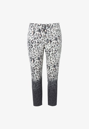 Leopardmuster-Hose mit einem Farbverlauf von hell nach dunkelgrau. Zu den Merkmalen gehören Fronttaschen und ein Knopfverschluss. Material aus Baumwollmischung.