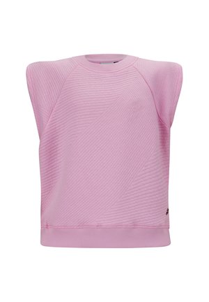 Roze pullover met korte mouwen, met een geribbelde textuur en diagonaal patroon. Subtiele reliëflogo op de voorkant, elastische tailleband.