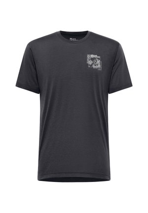 Dark gray t-shirt made from soft fabric, featuring a small graphic print on the chest. Short sleeves and a rounded neckline.