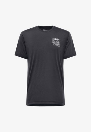 Dunkelgraues T-Shirt aus weichem Stoff, mit einem kleinen Grafikdruck auf der Brust. Kurze Ärmel und ein runder Ausschnitt.
