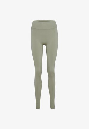 Olivgrüne Leggings aus dehnbarem, leichtem Stoff. Sie verfügen über einen breiten Bund und ein glattes, nahtloses Design für zusätzlichen Komfort.