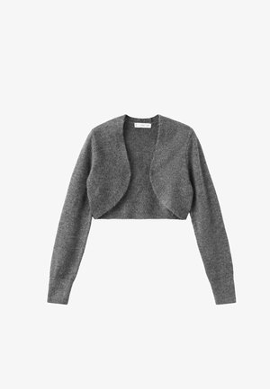 Sivý skrátený kardigán vyrobený z mäkkej, textúrovanej látky. Má dlhé rukávy a okrúhly výstrih s otvoreným predným dizajnom.